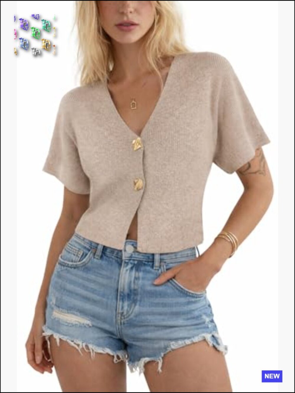 Cropped Short Sleeve V-Neck Button Front Knit Cardigan Top Lightweight Summer - Picture 3 of 7